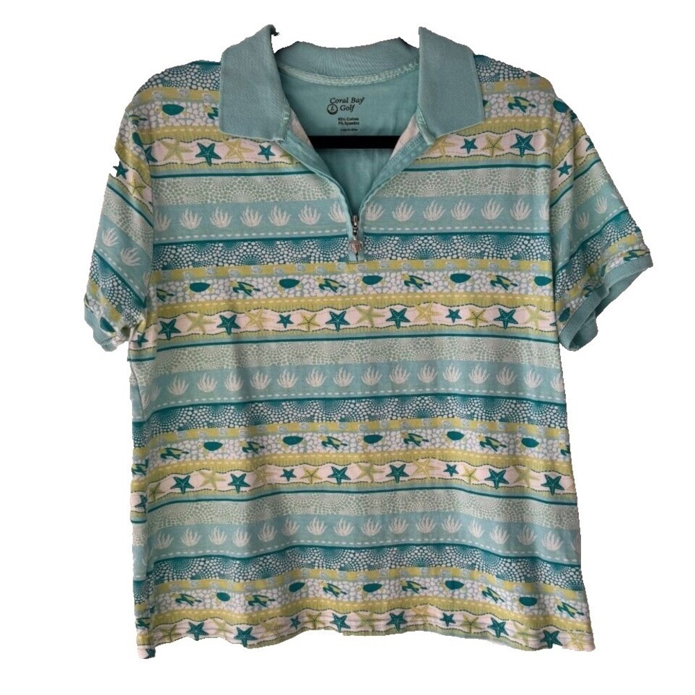 Coral‎ Bay Golf Women Large Aqua Sea Turtle Starfish Quarter Zip Polo Shirt Top